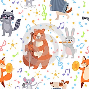 Animal musicians seamless pattern. Funny animals musicians play different musical instruments wallpaper, wrapping or textile