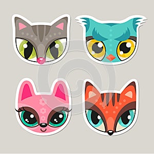 Animal muzzles in flat style - cat, owl, bunny, fox