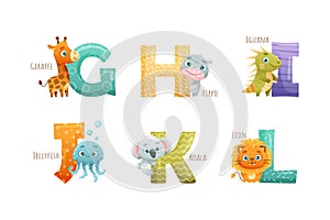 Animal Near Big Alphabet Letter with Name for Preschool Education Vector Set