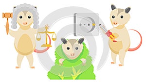 Animal Opossum Mounts The Socket, Judge With Scales And Gavel, Hiding In The Bushes Vector