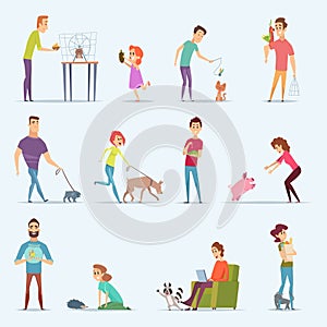 Animal owners. Dog kitten aquarium fishes people with lovely domestic animals vector cartoon characters