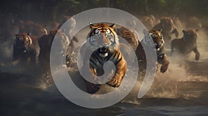 Animal painting of an ambush pride of tigers running across a river