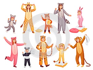 Animal pajamas. People in funny pyjamas onesie, sleepover costume pajama party adult or child person sleeping suit