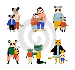 Animal parents and their kids set. Dog, penguin, raccoon, panda, frog, tiger families cartoon vector