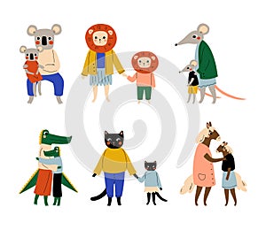 Animal parents and their kids set. Koala, lion, rat, crocodile, cat, horse families cartoon vector illustration