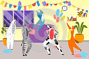 Animal party with costumes, boys and girls dance in animal costumes for the masquerade vector illustration. Zebra