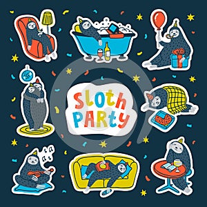 Animal party. Lazy sloth party. Cute sloths having fun at a lazy party. Vector illustration.