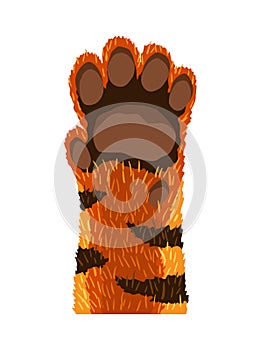 Animal paw. Animalistic foot of tiger. Funny fur pet. Cute cartoon animal body part isolated on white background