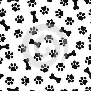 Animal paw footprint seamless pattern. Dog paw print and bone on white background.