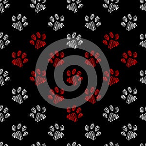 Animal paw print seamless black and white pattern. Red heart made of animal paw prints. Vector hand-drawn background