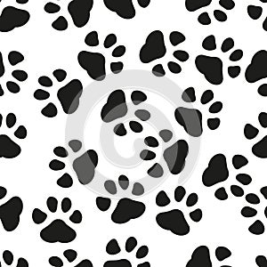 Animal paw print seamless pattern background. Business flat vector illustration. Dog or cat pawprint sign symbol pattern photo