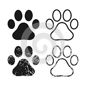 Animal paw print vector icon. Dog or cat footprint trail sign with grunge texture. Pet foot shape mark symbol.