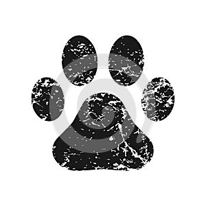 Animal paw print vector icon. Dog or cat footprint trail sign with grunge texture. Pet foot shape mark symbol.