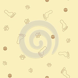 Animal paw prints and human footprints seamless pattern.