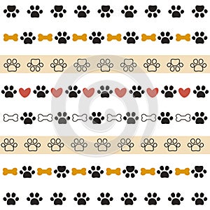 Animal pet paw border. Cat or dog footprint seamless borders for design prints. Vector illustration.