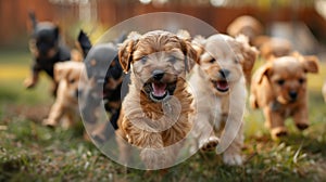 animal playfulness, adorable puppies playing joyfully in the yard, a lively and heartwarming scene of canine fun and