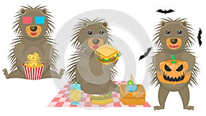 Animal Porcupine Watching A Movie With Popcorn, With A Pumpkin And Bats Around, Eating A Sandwich On A Picnic Vector