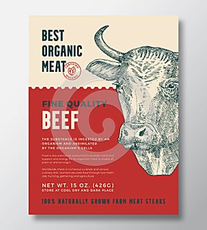 Animal Portrait Organic Meat Abstract Vector Packaging Design or Label Template. Farm Grown Beef Steaks Banner. Modern