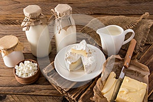 Animal products, farmed dairy products on a wooden brown table