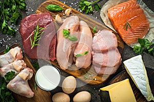 Animal protein sources- meat, fish, cheese and milk.