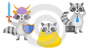 Animal Raccon Office Worker With Diplomat, Stands With Sword, Shield And Helmet Sleeping wrapped In Blanket  Vector photo