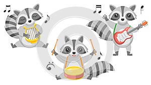 Animal Raccon Plays Lyre Guitar And Drum Vector Design Style Elements Fauna Wildlife Performance With Notes photo