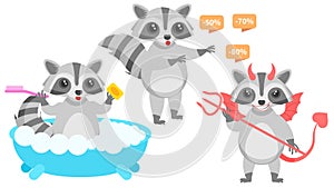 Animal Raccon Washes In The Bath, Devil With Horns And Trident, Surprised By The Discounts Vector photo