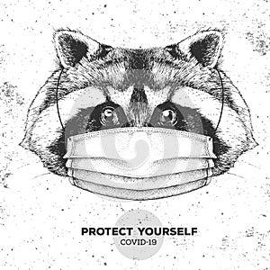 Animal raccoon wearing face medical mask. Covid-19 protection methods. Coronavirus Quarantine Warning.
