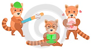 Animal Red Pandas Plays Baseball, Reading A Book, Reading A Love Letter Vector Design Style Elements Fauna Wildlife