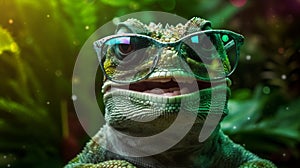animal reptile glasses wildlife iguana close-up green lizard portrait scale. Generative AI.