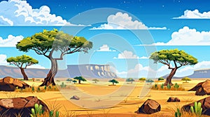 An animal safari poster with an African savannah landscape. A modern illustration of a sandscape in Africa with trees photo