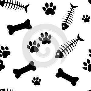 Animal seamless pattern with fish bones and cat paw track, bones and dog paw track. Vector illustration
