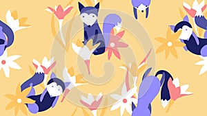 Animal seamless pattern, hand drawn cute foxes with flowers and leaves