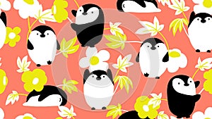 Animal seamless pattern, hand drawn cute penguins with flowers and leaves