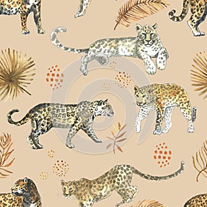 Animal seamless pattern with tropical golden leaves