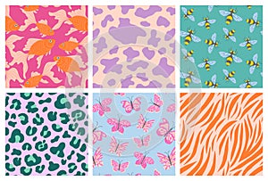 Seamless patterns set. Fish, minimalistic prints, bees and butterflies