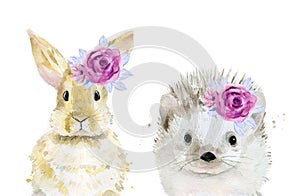 Animal set with flowers on their heads. Rabbit. Hedgehog. Watercolour illustration isolated on white background.