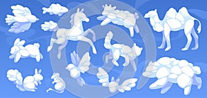 Animal shaped clouds. White cumulus clouds on blue sky, kid imagination and dreams, fluffy fauna silhouettes, rabbit