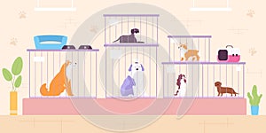 Animal shelter, adoption center or petshop interior with dogs. Rescued stray pets in cages. Dog kennel, help shelter or