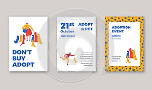 Animal shelter adoption event posters template. Vector iilustration with typography and characters, woman feeding dogs