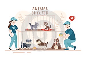 Animal Shelter Cartoon Illustration with Pets Sitting in Cages and Volunteers Feeding Animals for Adopting in Flat Hand Drawn