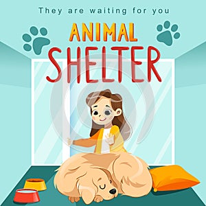 Animal Shelter design poster with child, dog and decorations. Illustration showes animal adoption, care.