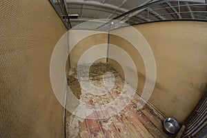 At the animal shelter. Empty indoor cage for stray dogs: bars, litter covered with straw, bowl