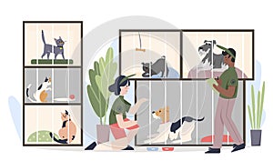 Animal shelter with pets in cages. Man and woman volunteers feeding animals cartoon flat vector illustration