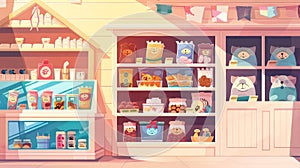 Animal shop with dog toys and treats on shelf. Petshop aisle with food, goods, and accessories. Doghouse for sale with photo