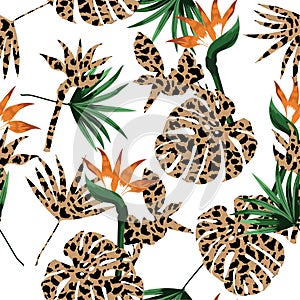 Animal skin leopard fill-in with tropical jungle and exotic leaves seamless pattern vector design for fashion ,fabric and all