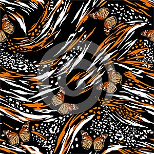 Animal skin in safari mood mixed with butterflies flying seamless pattern in  , Design for fashion ,fabric, web, wallpaper