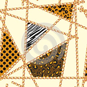 Animal skin texture with golden chains on colored background. Seamless fashion print for fabric. - vector