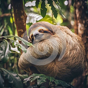 animal sloth sleeping on a tree jungle beauty, Generative AI