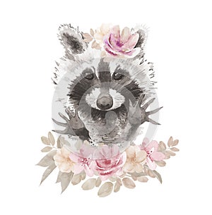 Animal spring woodland cute raccoon. Watercolour illustration isolated on white background.